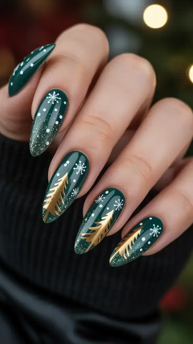 green christmas nails holidays Golden Tree Enchantment