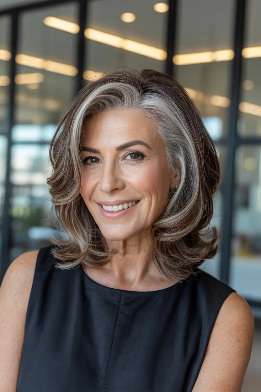 hair color & winter hairstyles for women over 40 2025-2026 silver accented volume layers