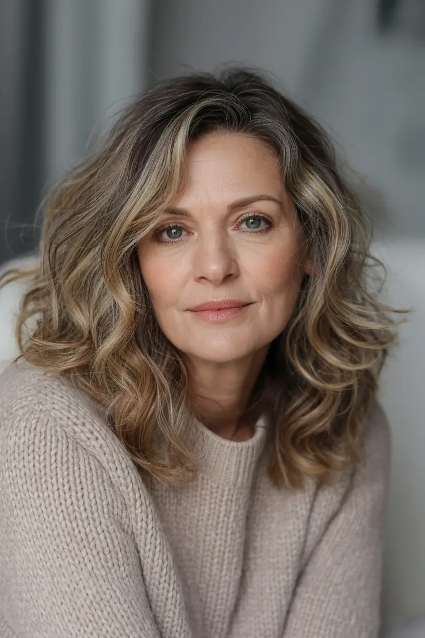 Hair Color & Winter Hairstyles for Women Over 40 2025-2026 Golden Beige Waves with Soft Dimension