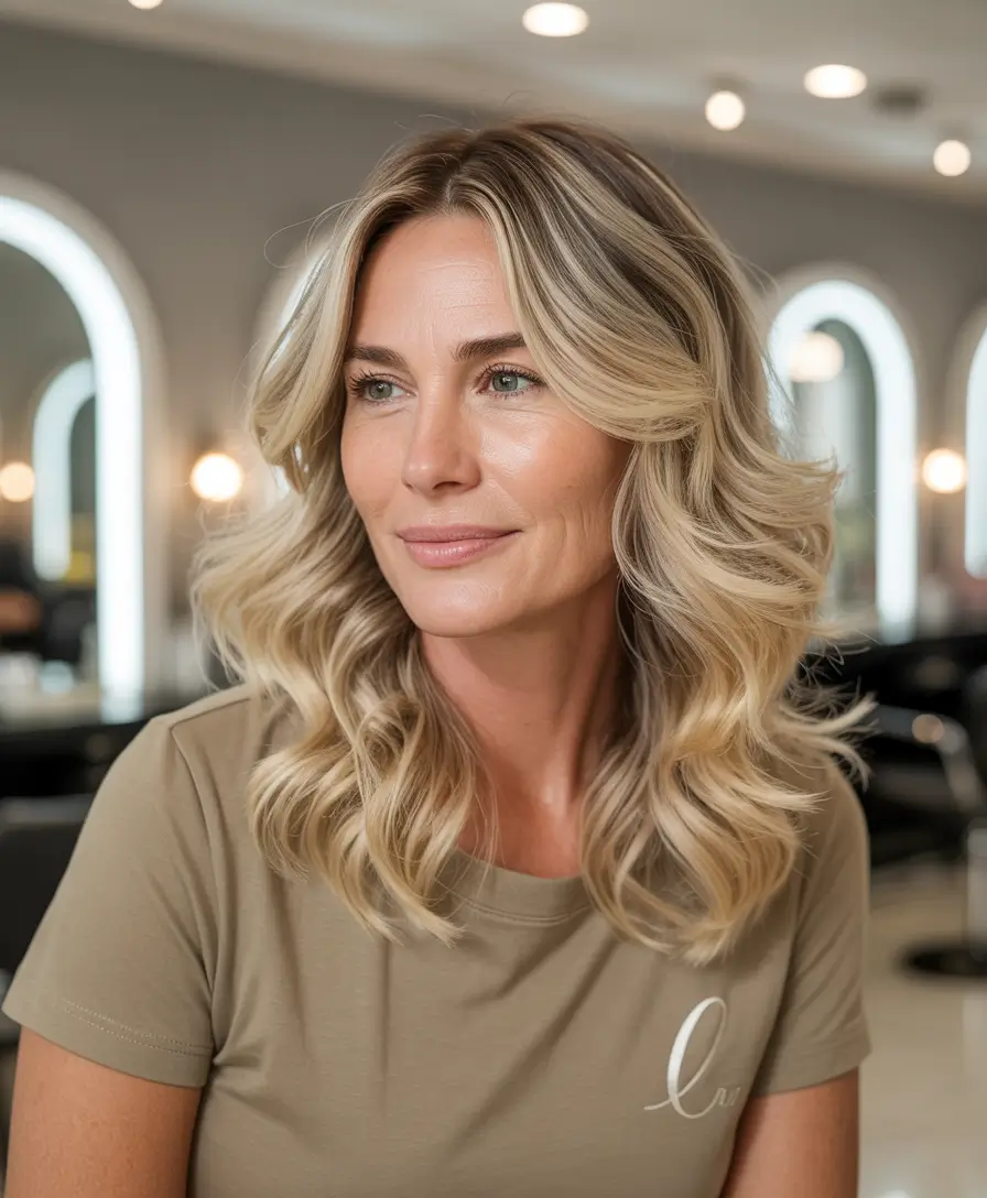 Hair Color & Winter Hairstyles for Women Over 40 2025-2026 Champagne Blonde Glam Waves