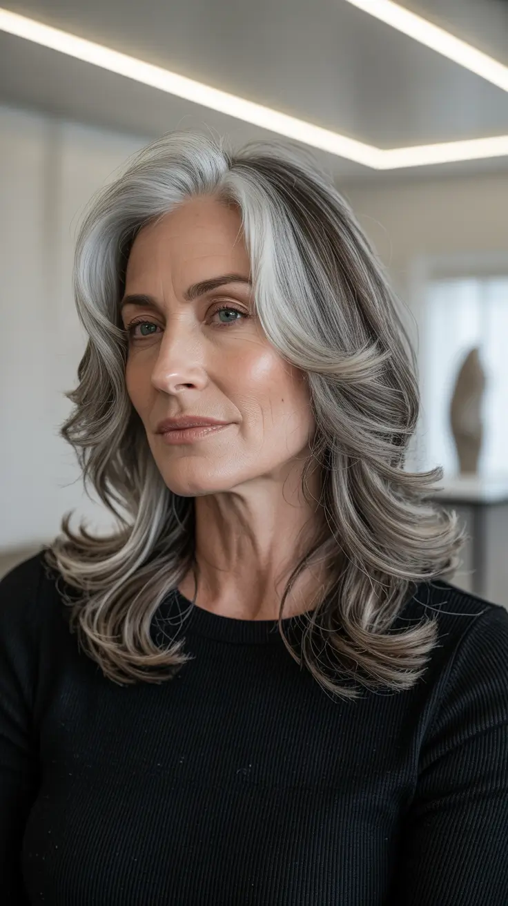 hair color & winter hairstyles for women over 40 2025-2026 silver balayage