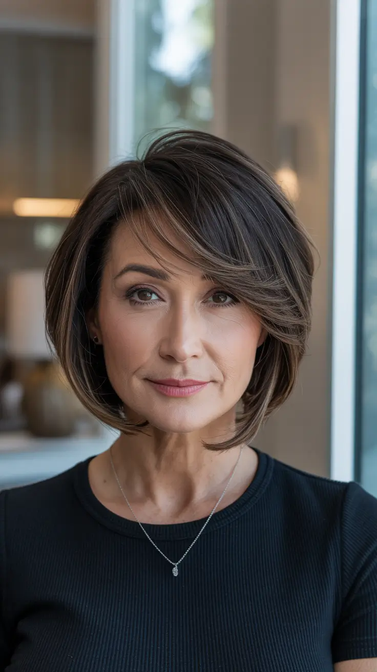 hair color & winter hairstyles for women over 40 2025-2026 brunette bob with bangs