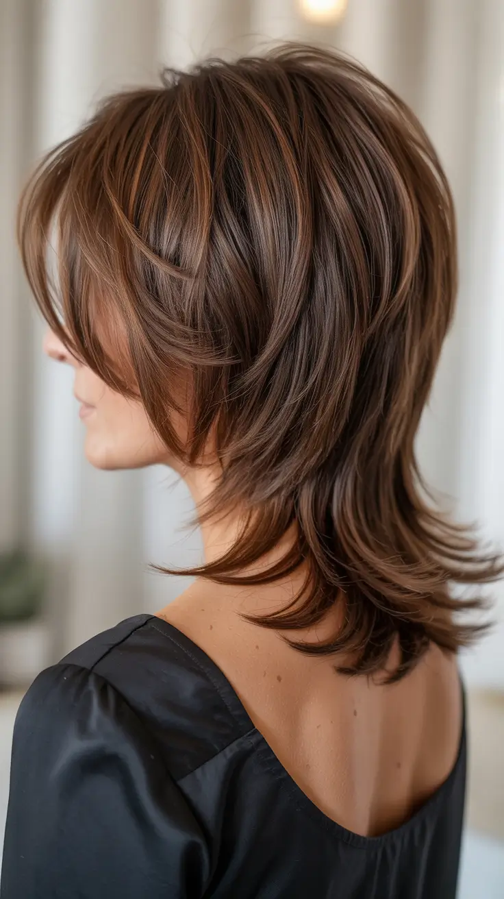 hair color & winter hairstyles for women over 40 2025-2026 feathered brunette shag