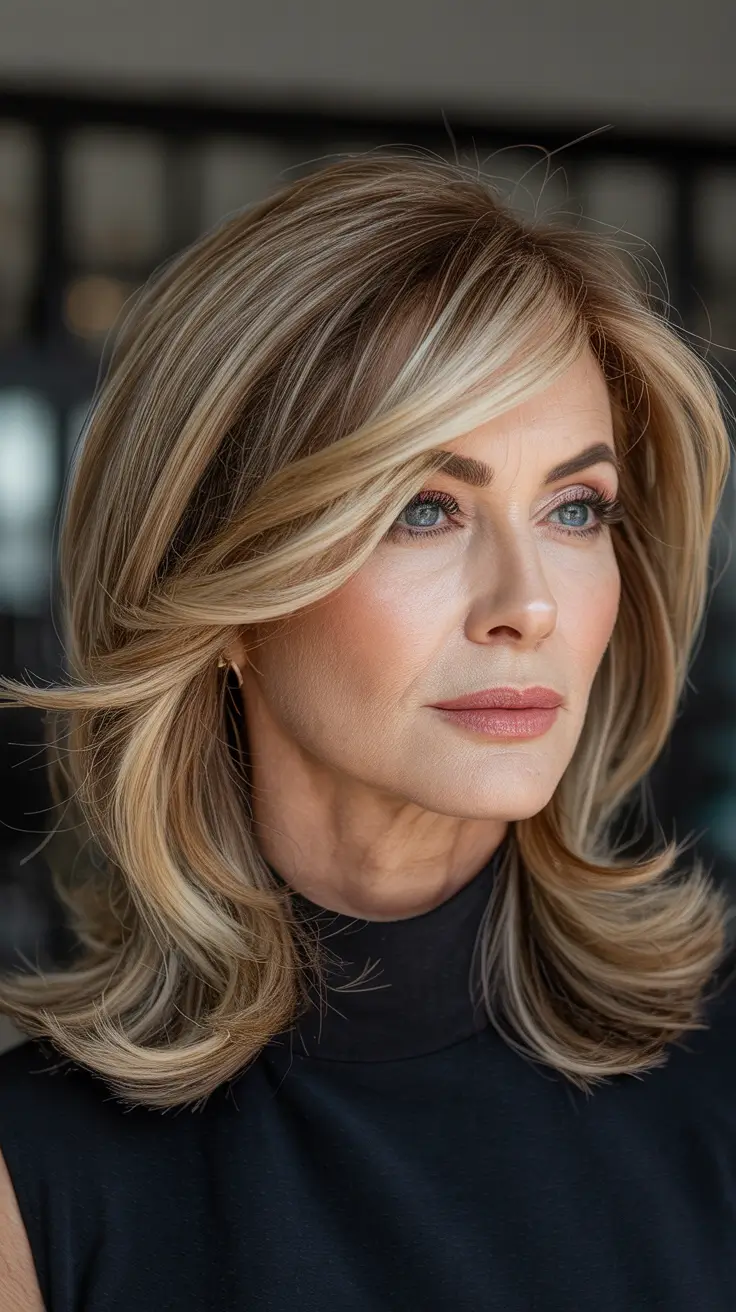 hair color winter hairstyles for women over 50 2025-2026 Layered Blonde Blowout with Champagne Highlights