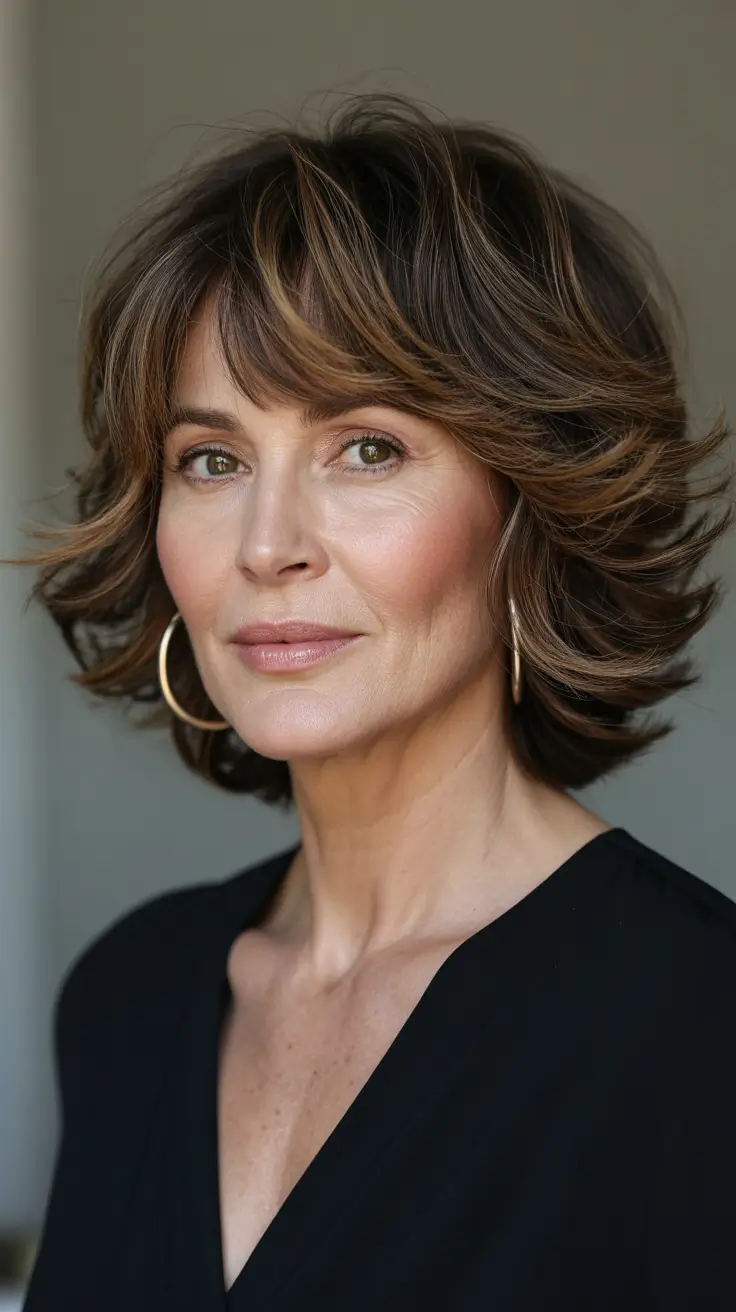hair color winter hairstyles for women over 50 2025-2026 Feathered Brunette Layers with Wispy Bangs
