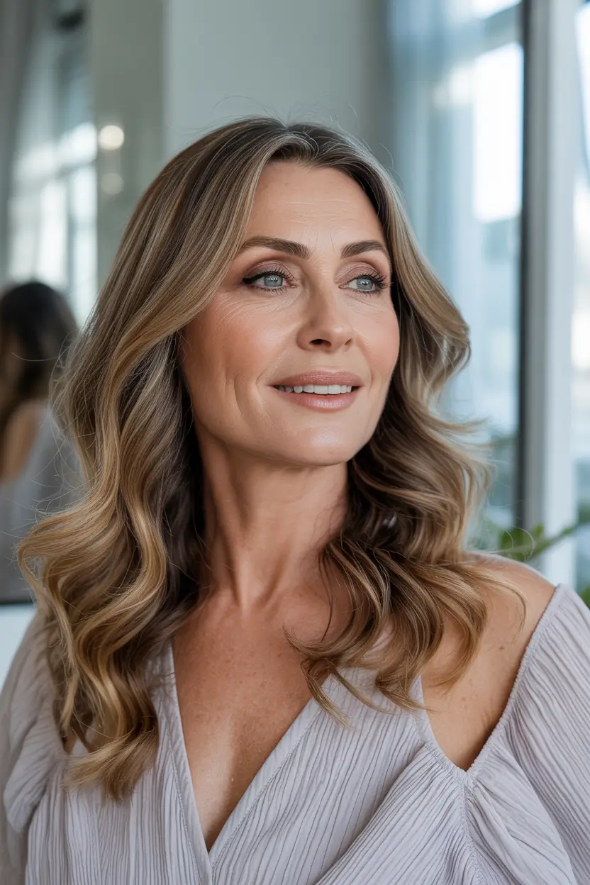 hair color winter hairstyles for women over 50 2025 2026 - Warm Honey Balayage on Loose Waves