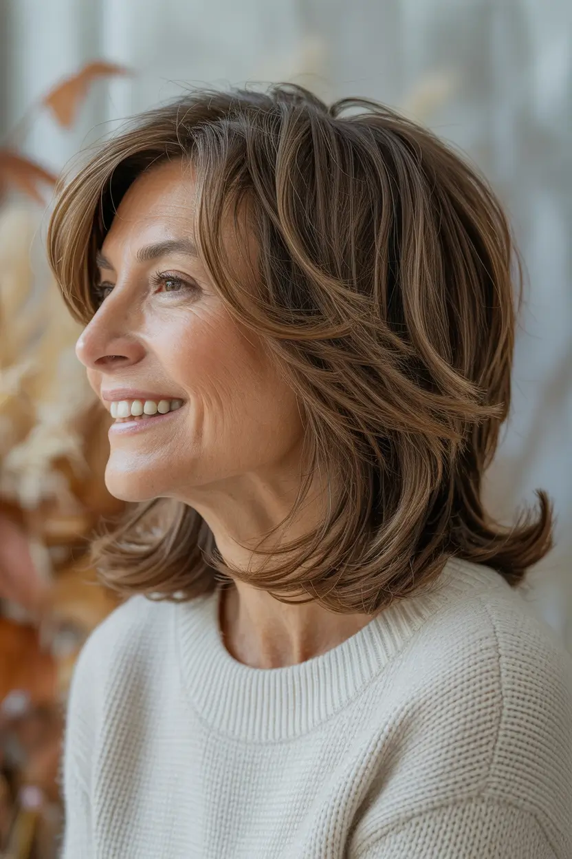 hair color winter hairstyles for women over 50 2025 2026 - Chestnut Layers with Airy Movement