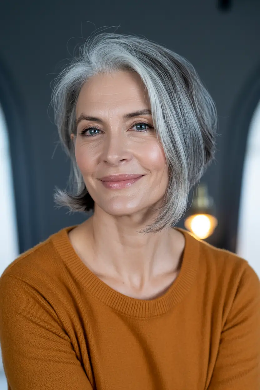 hair color winter hairstyles for women over 50 2025 2026 - Salt and Pepper Bob with a Modern Edge