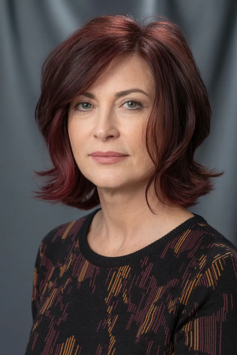 hair color winter hairstyles for women over 50 2025-2026 Deep Auburn Layers with Side Flow