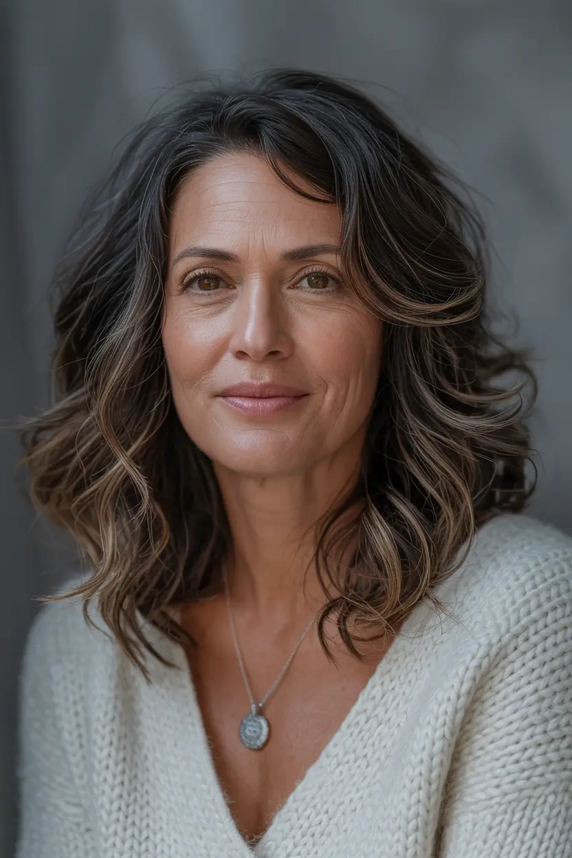 hair color winter hairstyles for women over 50 2025-2026 Textured Shoulder-Length Layers with Natural Highlights