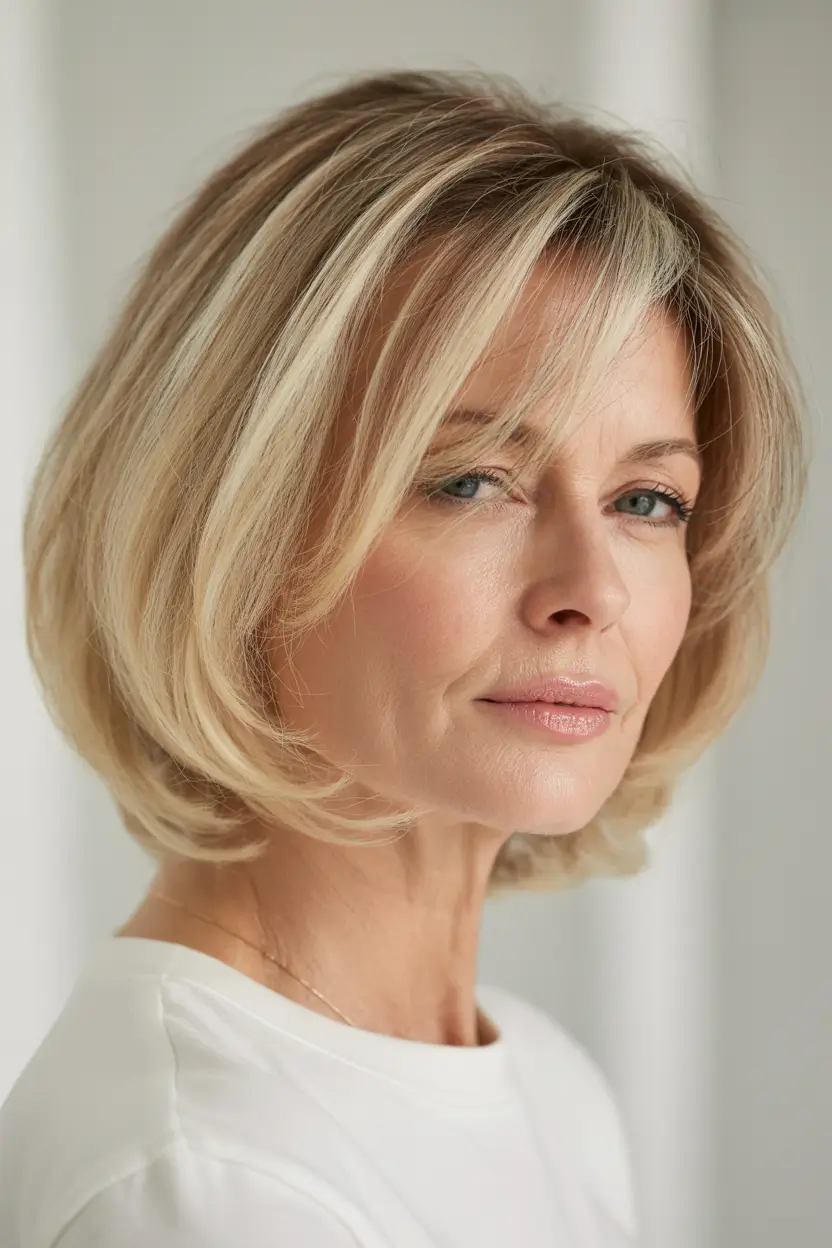 hair color winter hairstyles for women over 50 2025-2026 Soft Blonde Bob with Feathered Ends