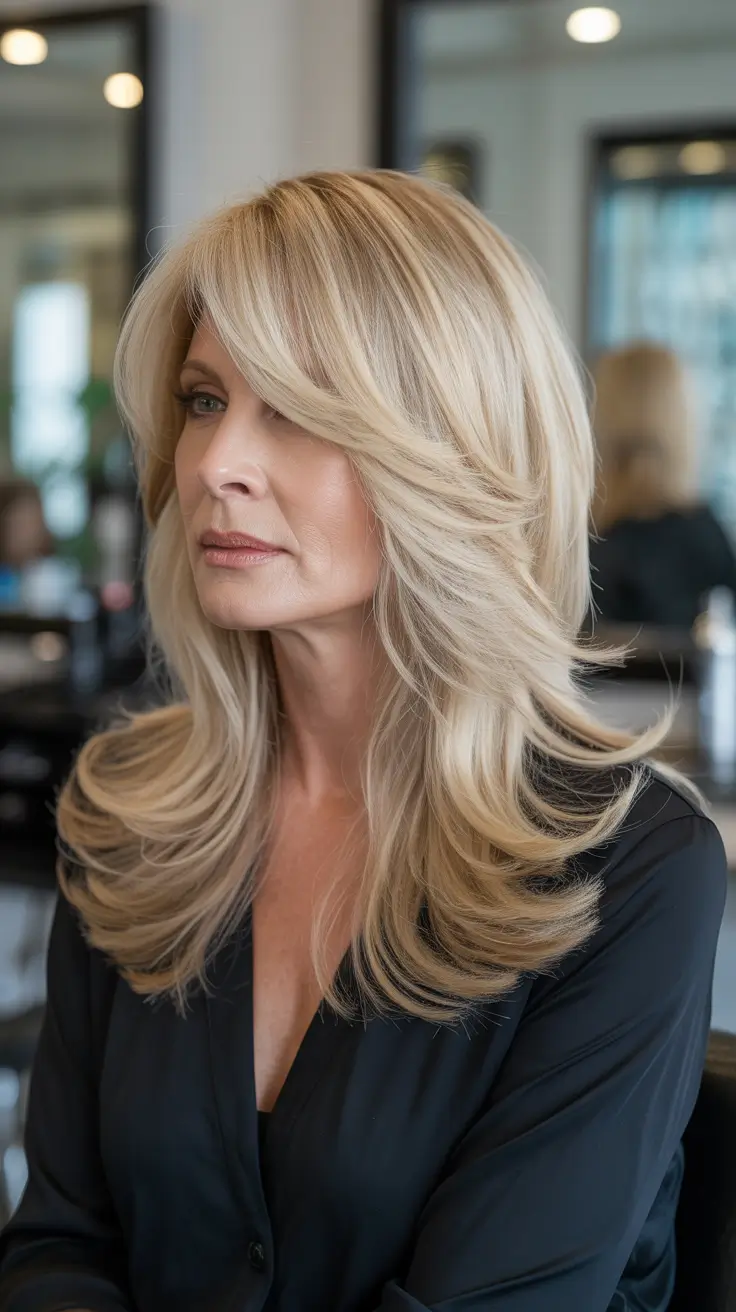 hair color winter hairstyles for women over 50 2025-2026 Long Layered Blonde with Curtain Bangs