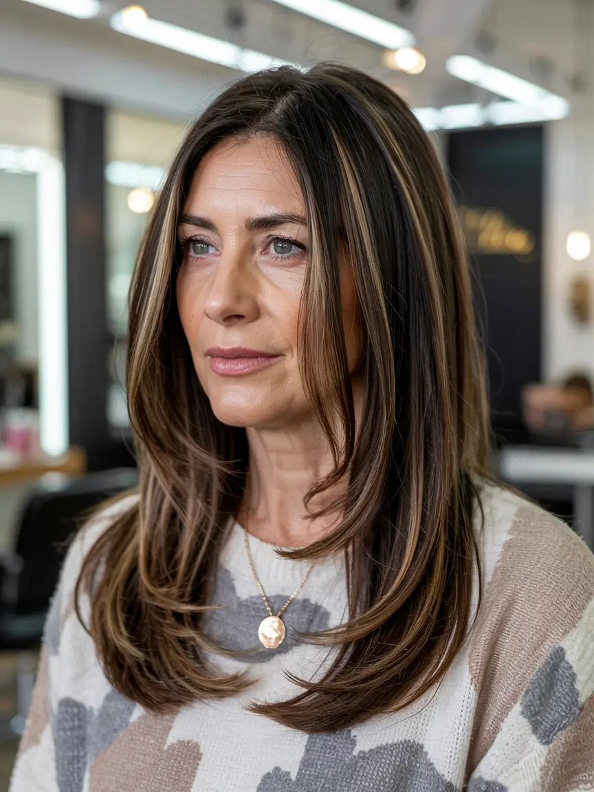 hairstyles for women over 60 long hair Dimensional Brunette Flow with Subtle Shine