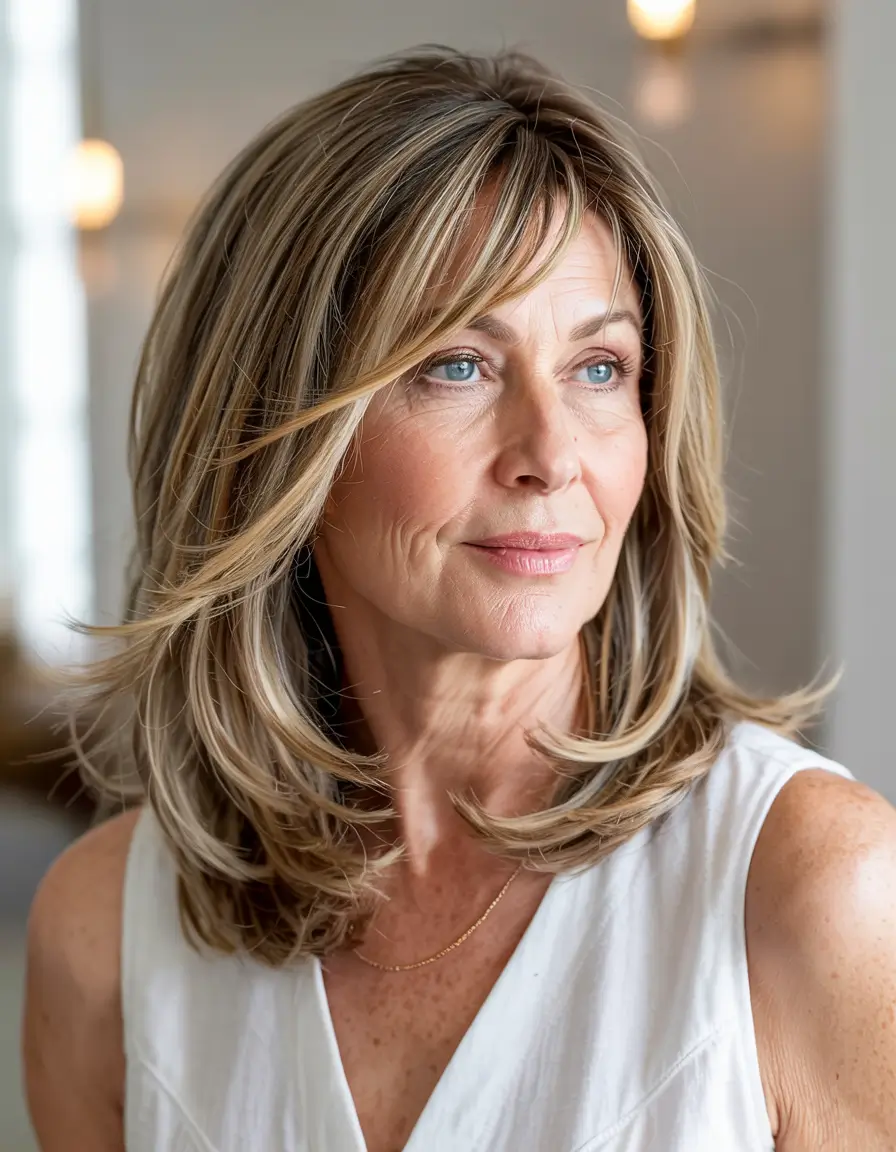 hairstyles for women over 60 with bangs Layered Blonde Flow with Subtle Bangs