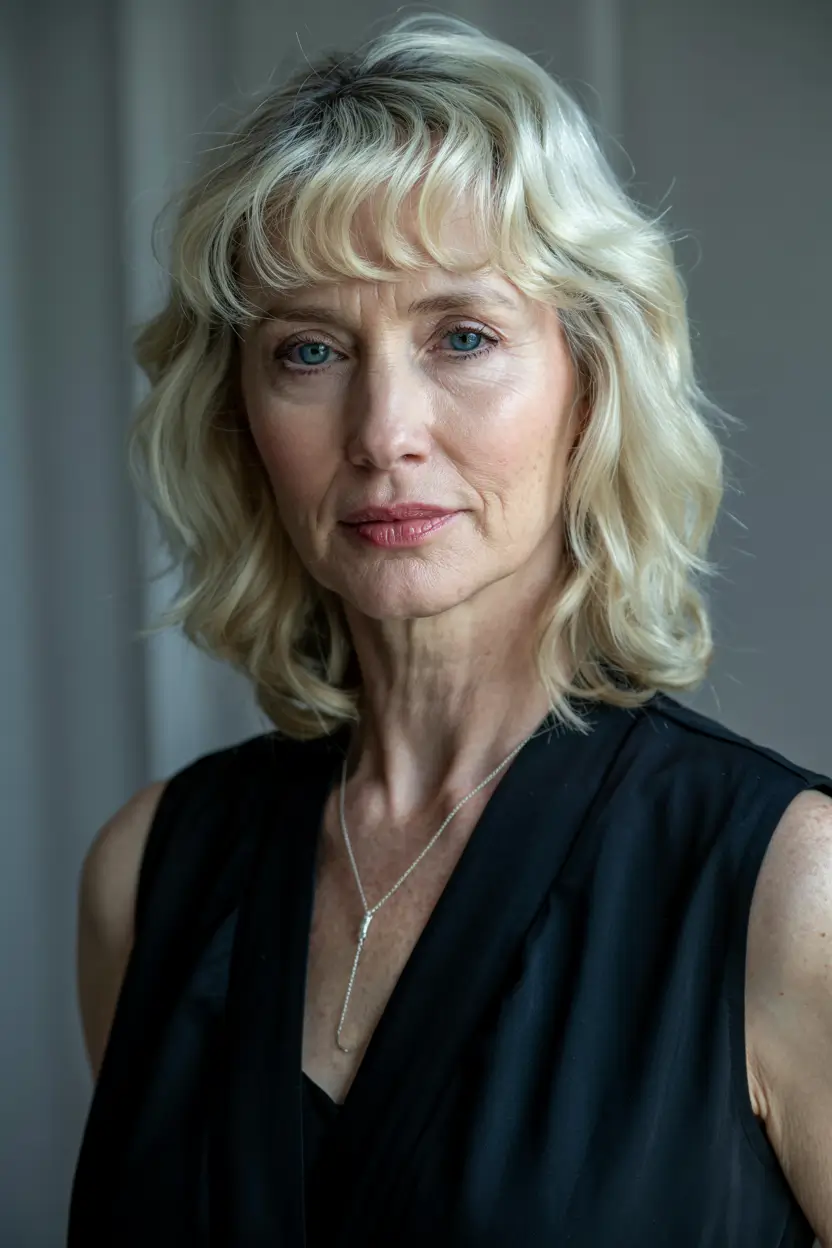 hairstyles for women over 60 with bangs Soft Blonde Curls with Curtain Bangs