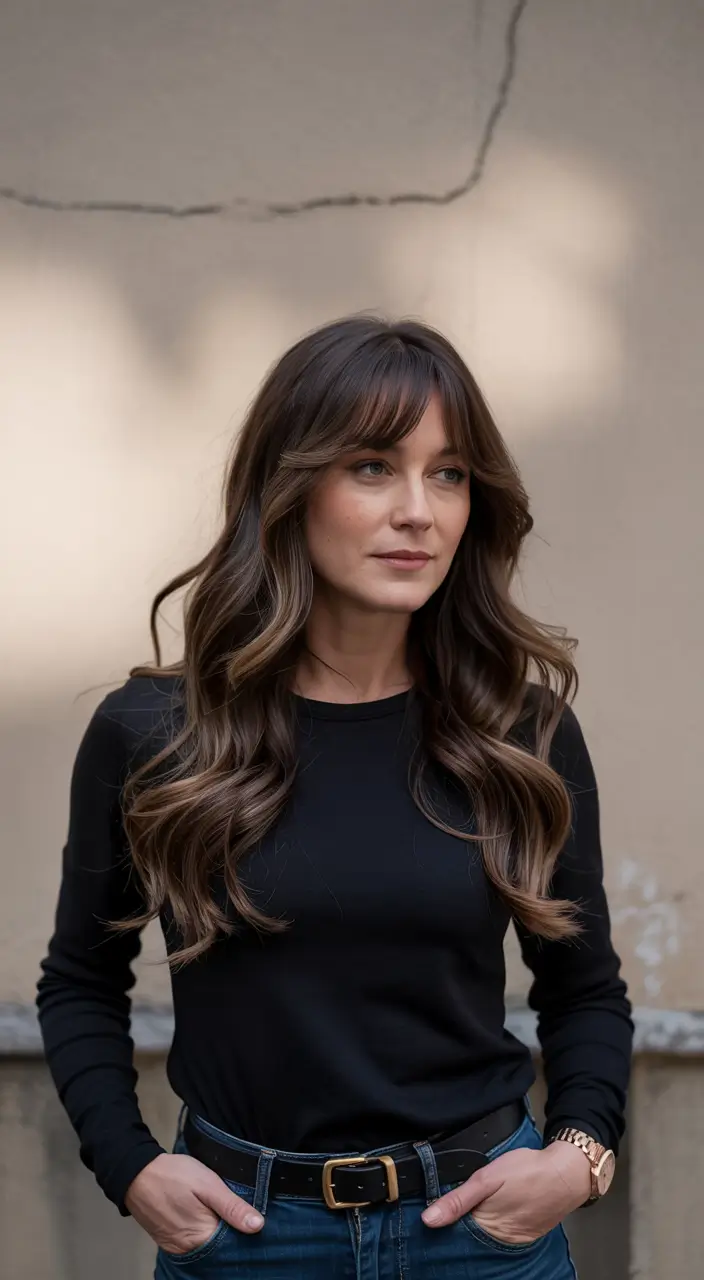 winter haircuts 2025 long Soft Layers with Wispy Bangs