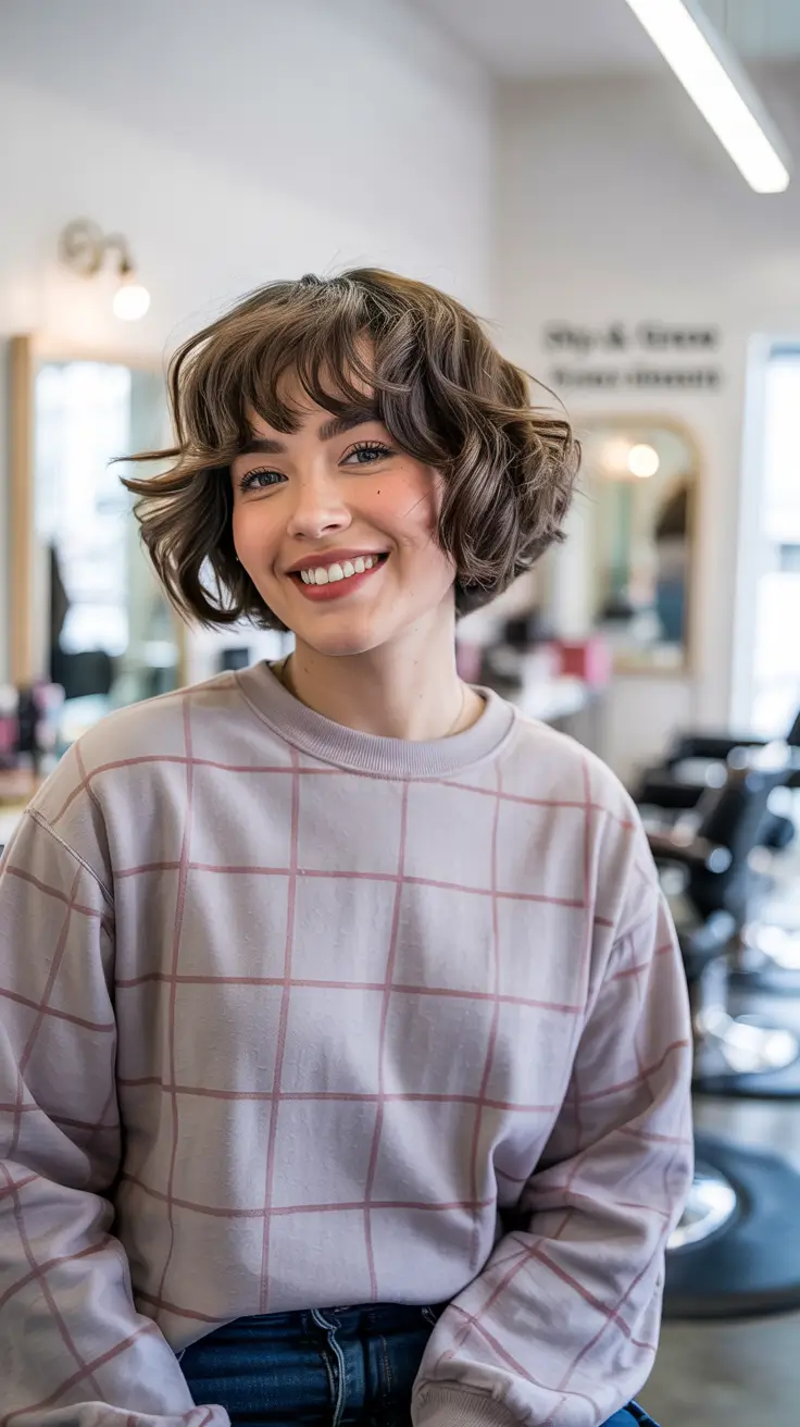 winter haircuts short Chic Curly Bob with Wispy Bangs
