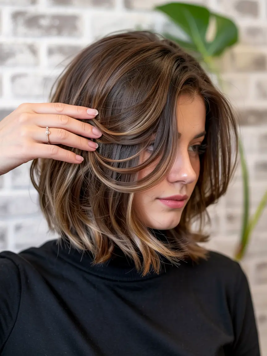 winter haircuts 2025 medium round faces Dimensional Caramel Balayage Bob