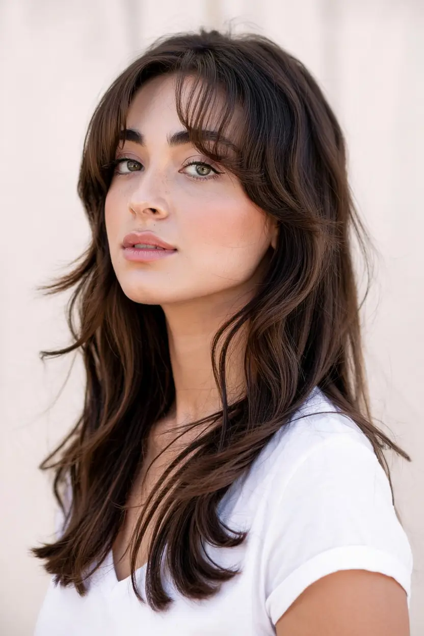 winter haircuts long Layered Curtain Cut with Soft Face Framing