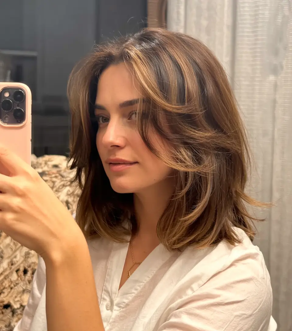 winter haircuts medium round faces Layered Warm Brunette Blowout