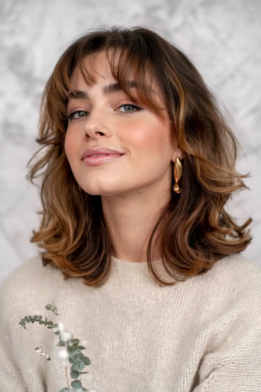winter haircuts 2025 medium Soft Layered Shag with Curtain Bangs