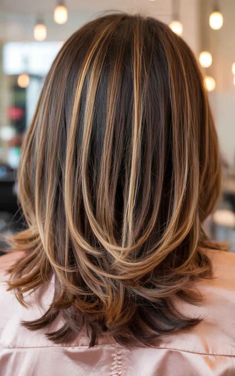 winter haircuts medium round faces Golden Streaked Layers