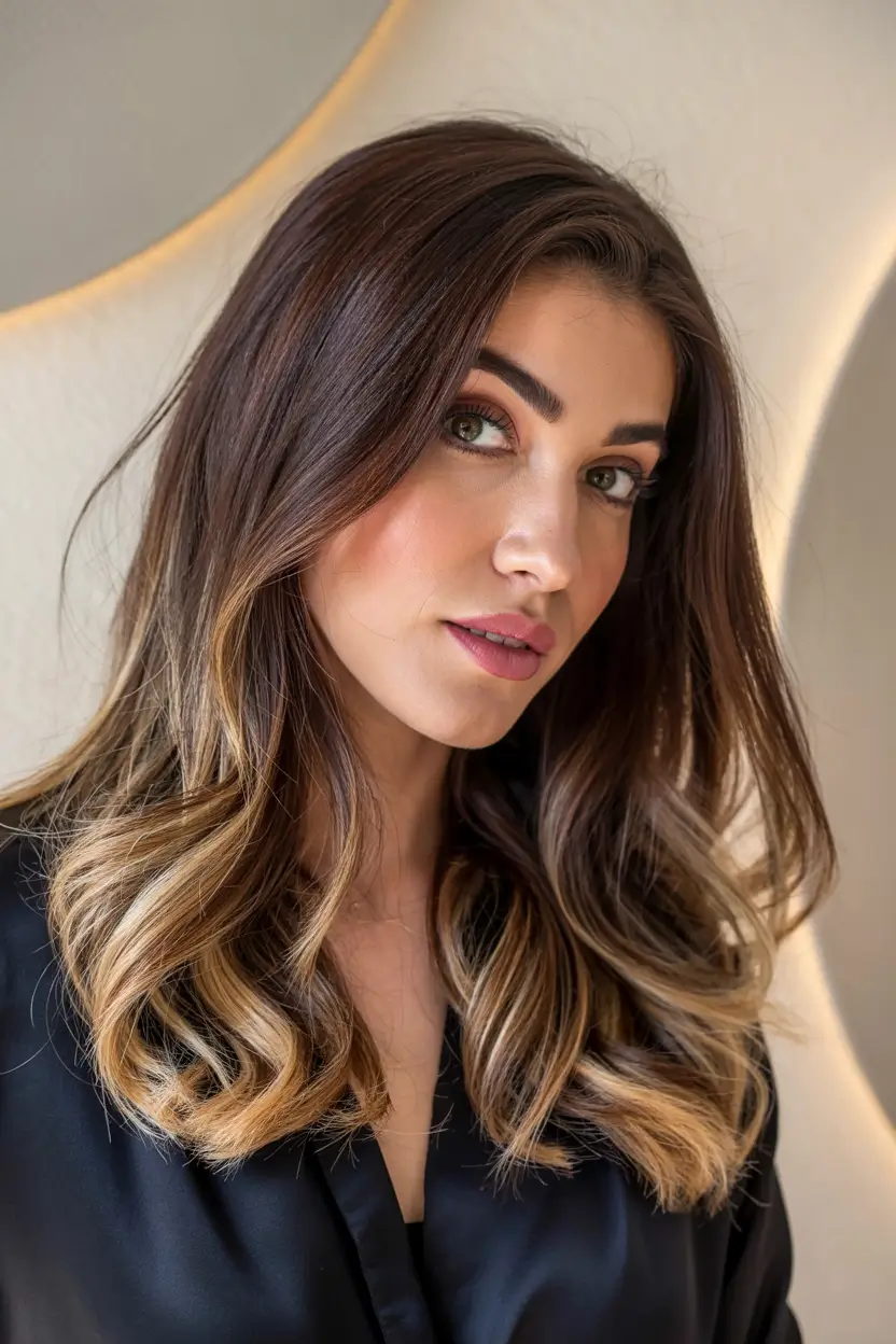 winter haircuts for long hair Bronde Cascading Layers