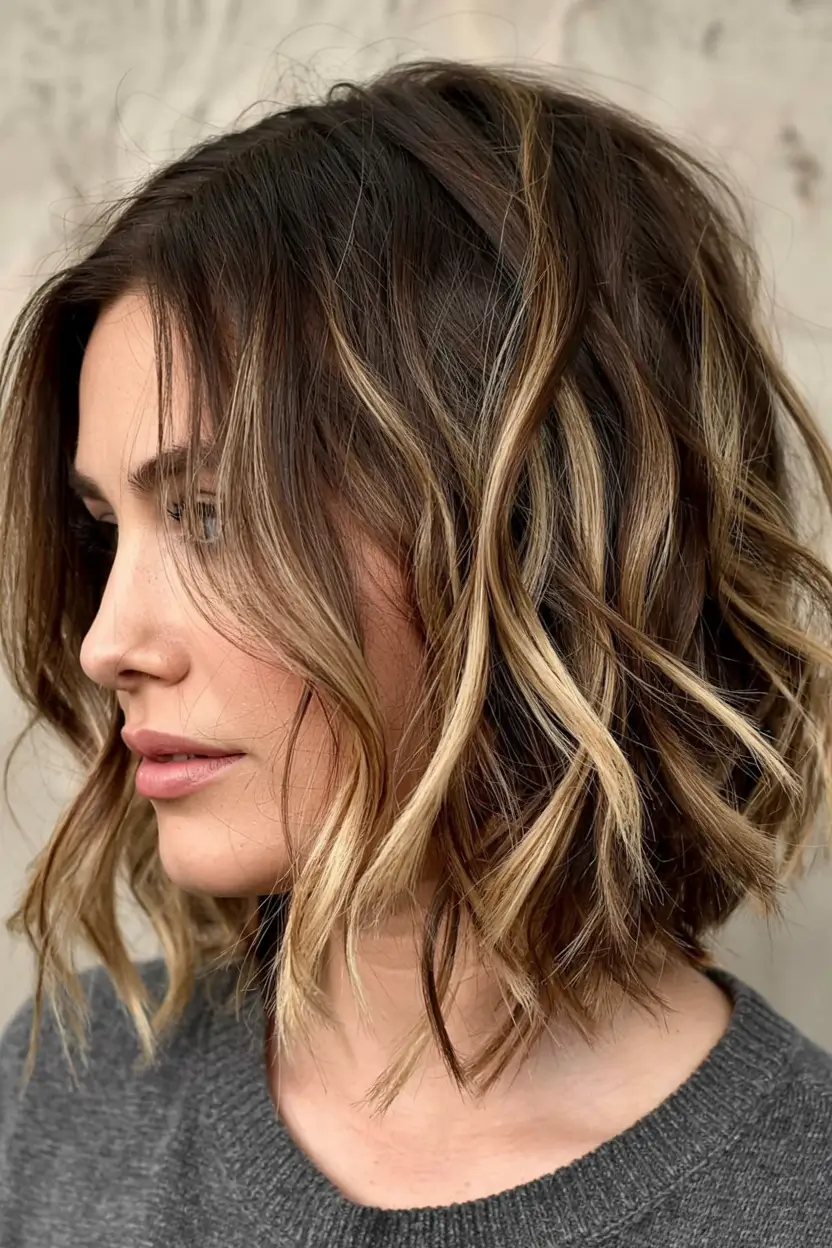 winter hairstyles for short hair Textured Short Bob with Golden Highlights