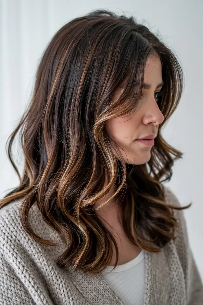winter-hairstyles-medium-Bronzed-Layers-with-Ribbon-Highlights