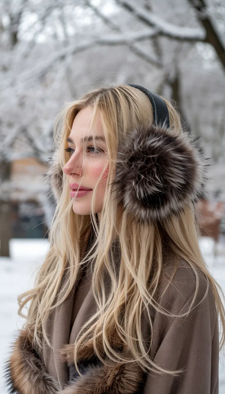 winter-hairstyles-for-long-hair-Frosted-Blonde-Layers-with-Ear-Muffs