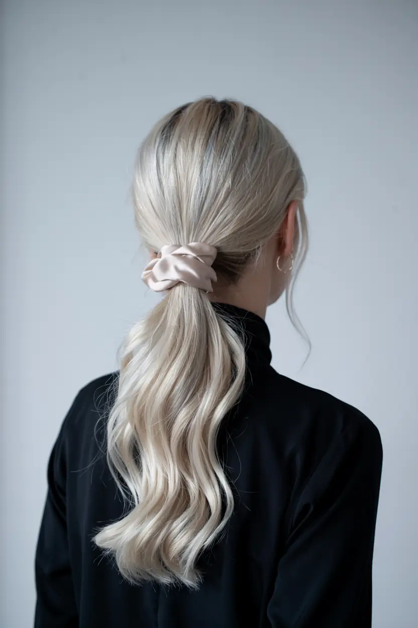 winter hairstyles for long hair Low Ponytail with a Satin Ribbon