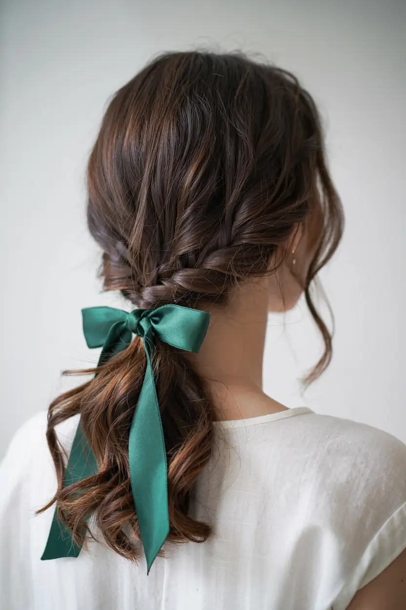 winter hairstyles for medium hair Twisted Braid with a Green Satin Bow