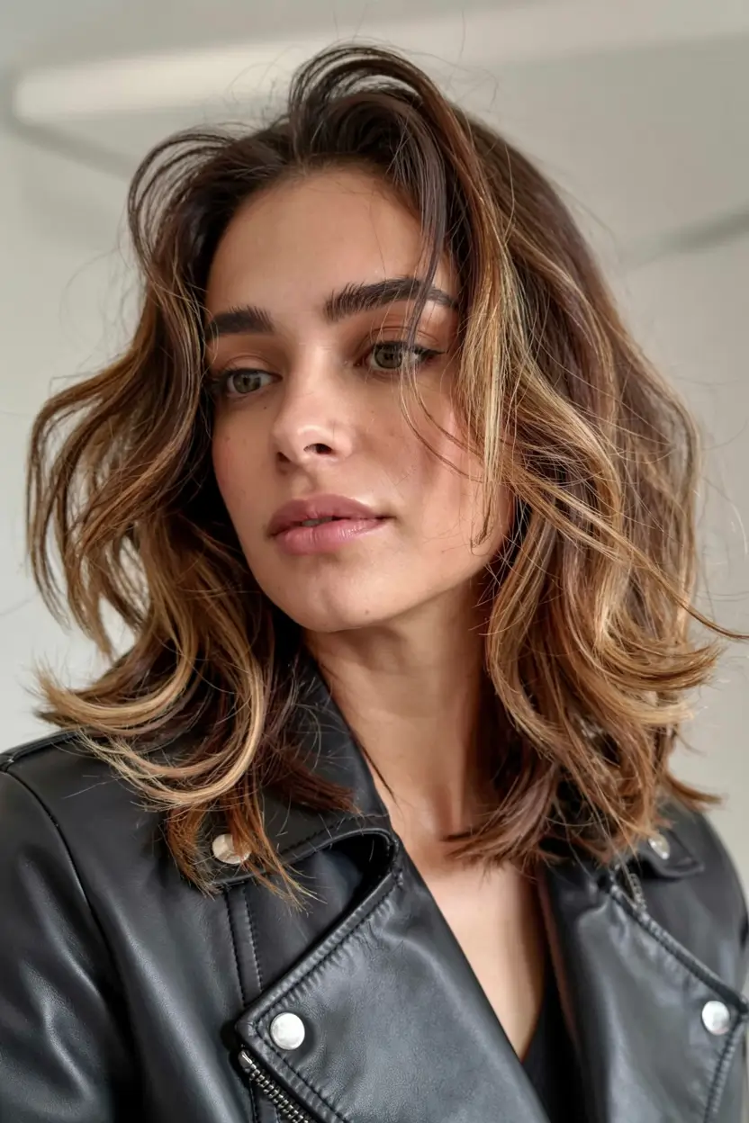 winter hairstyles for short hair Textured Brunette Shag with Caramel Highlights