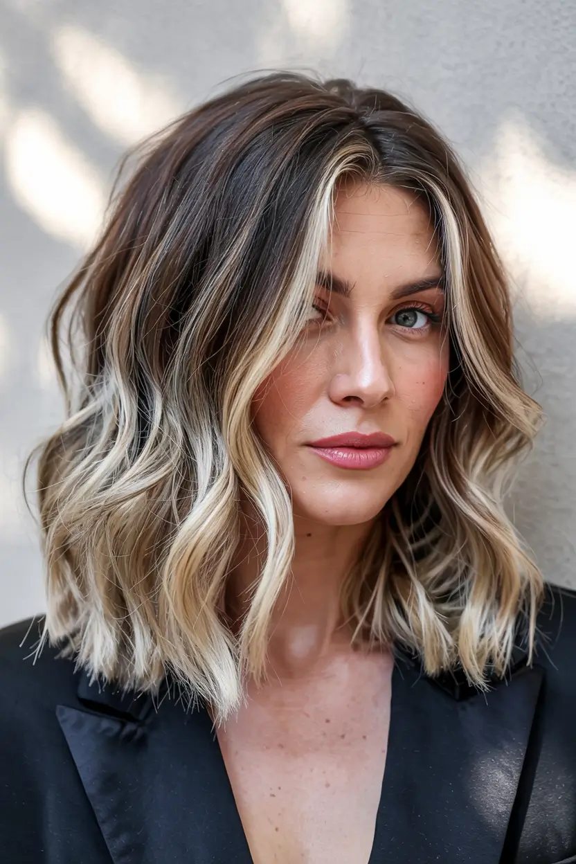 winter hairstyles color Dimensional Blonde Lob with Dark Roots