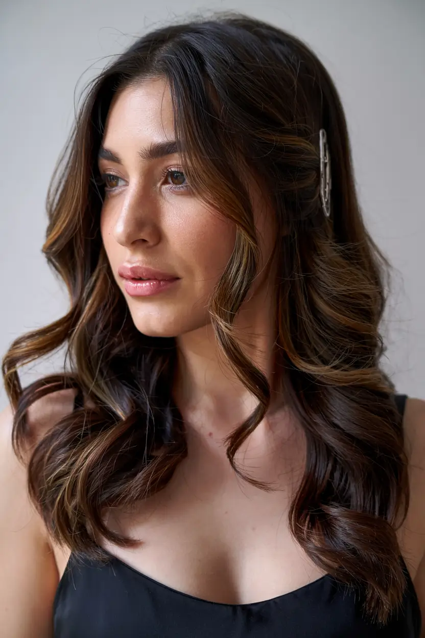 winter-hairstyles-for-long-hair-Soft-Glam-Curls-with-a-Clip