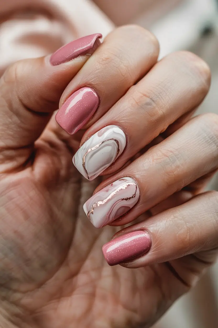 pink winter nails square Marble Rose White Elegance