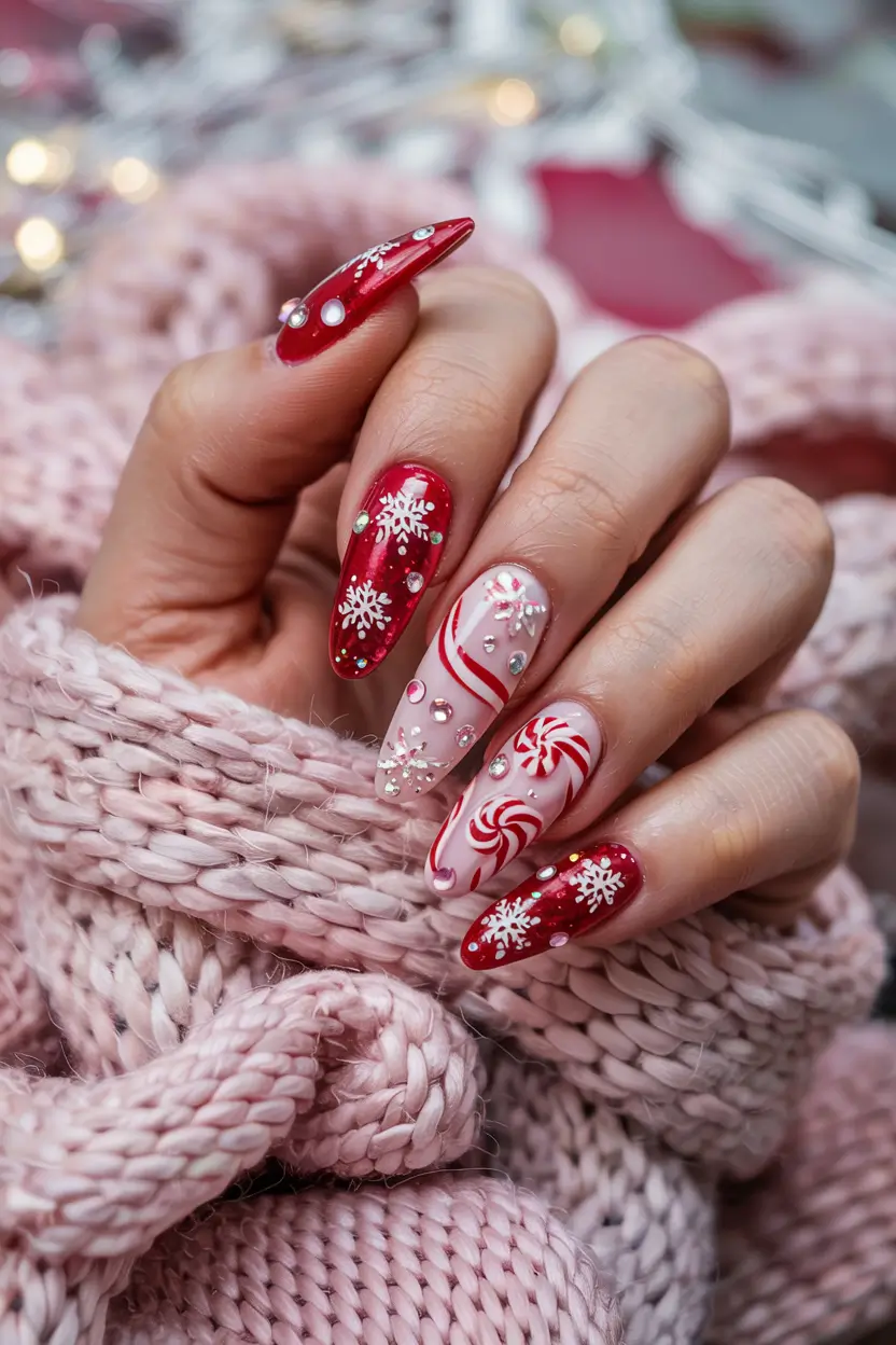 pink winter nails snowflakes Candy Cane Frost