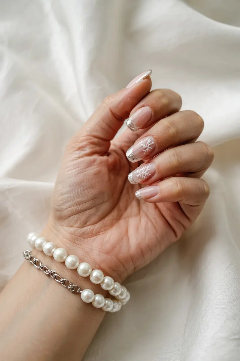 pink winter nails short snowflakes Frosted Pearl Snowflakes