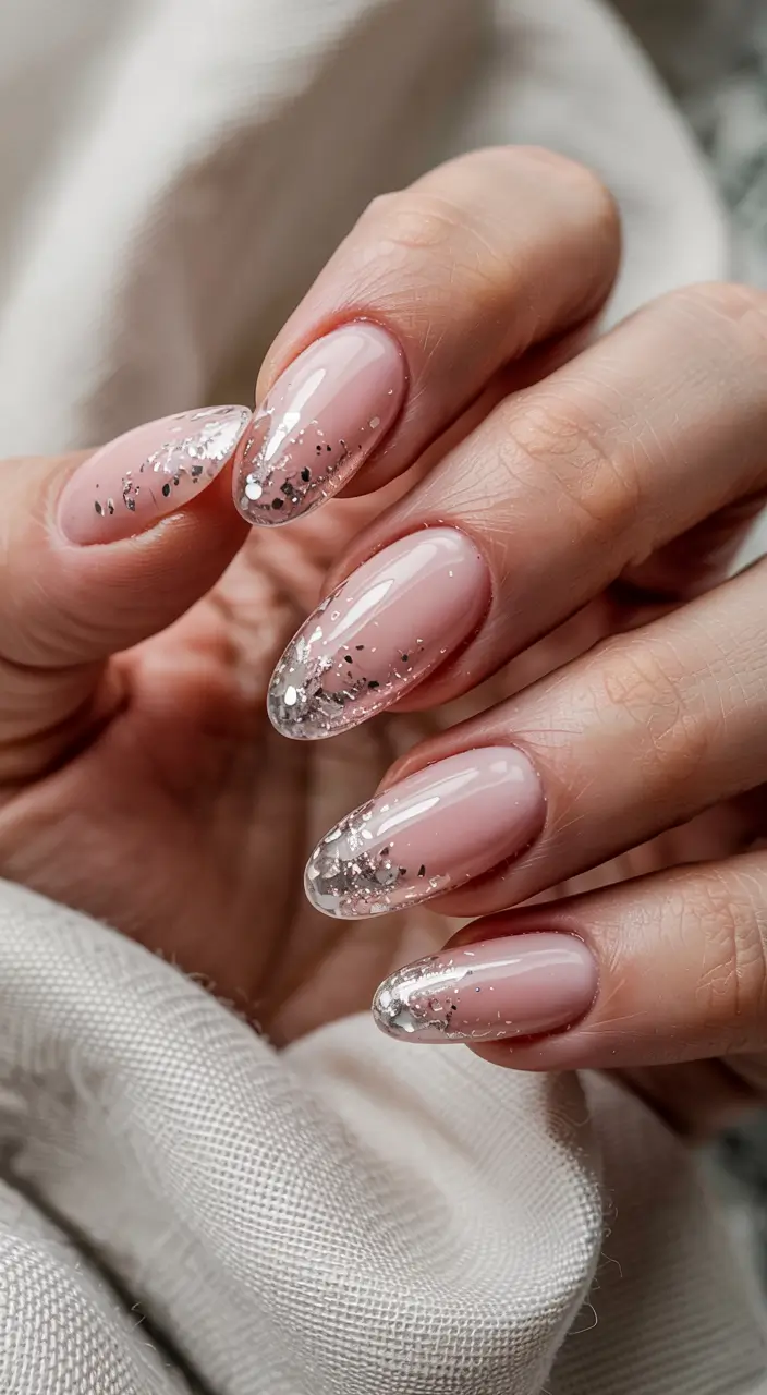 pink winter nails glitter almond Silver Ice Edges