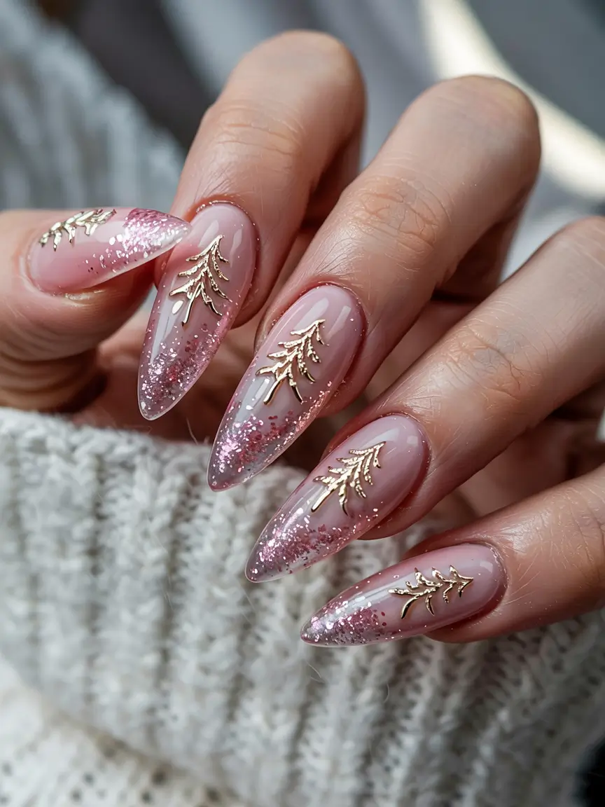 pink winter nails almond glitter Golden Fir Glow
