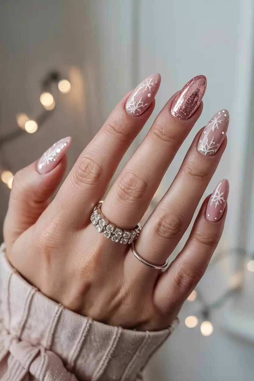 pink winter nails short almond snowflakes Rose Gold Snowlight