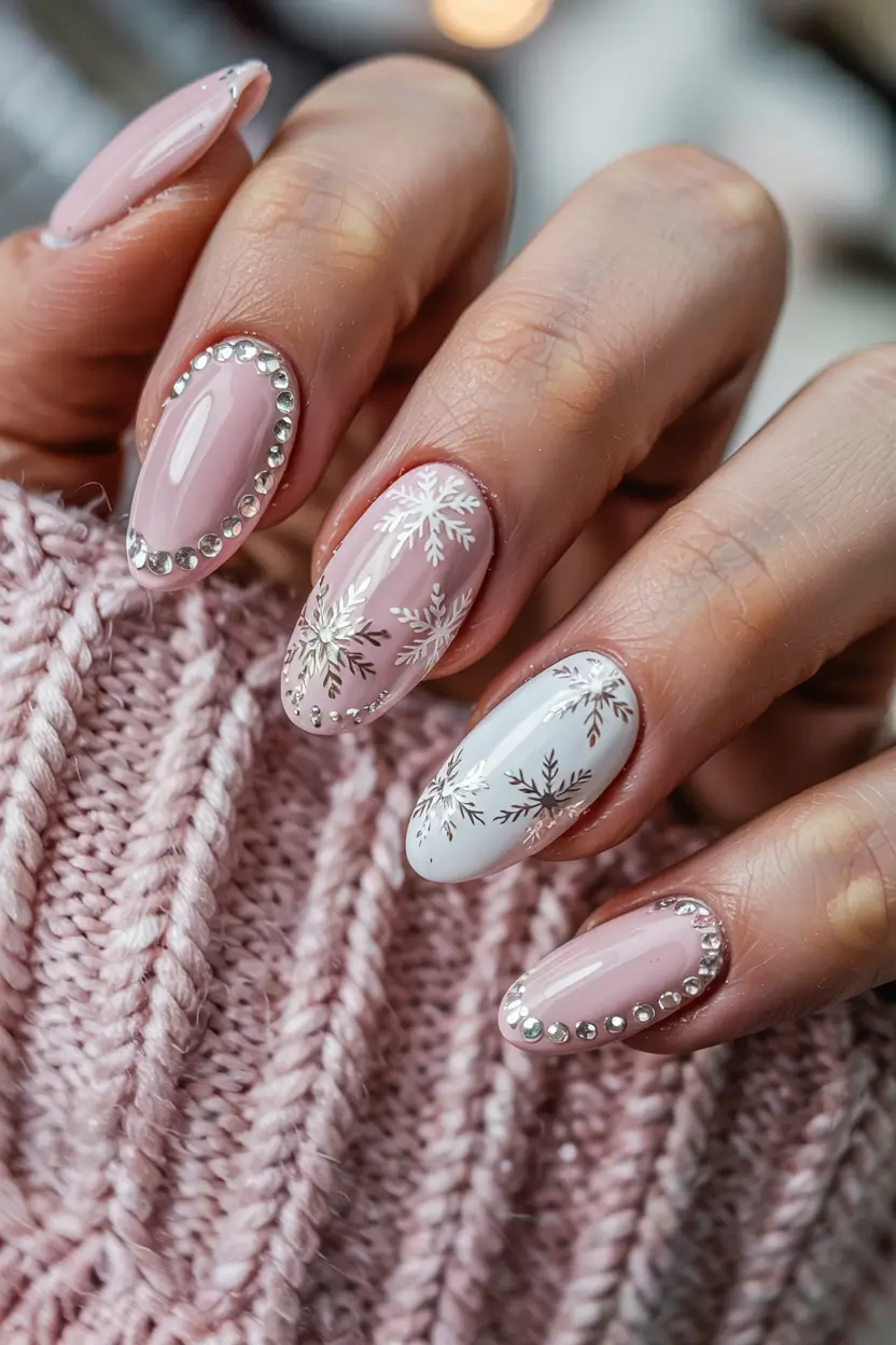 pink winter nails almond Soft Snowflake Glam