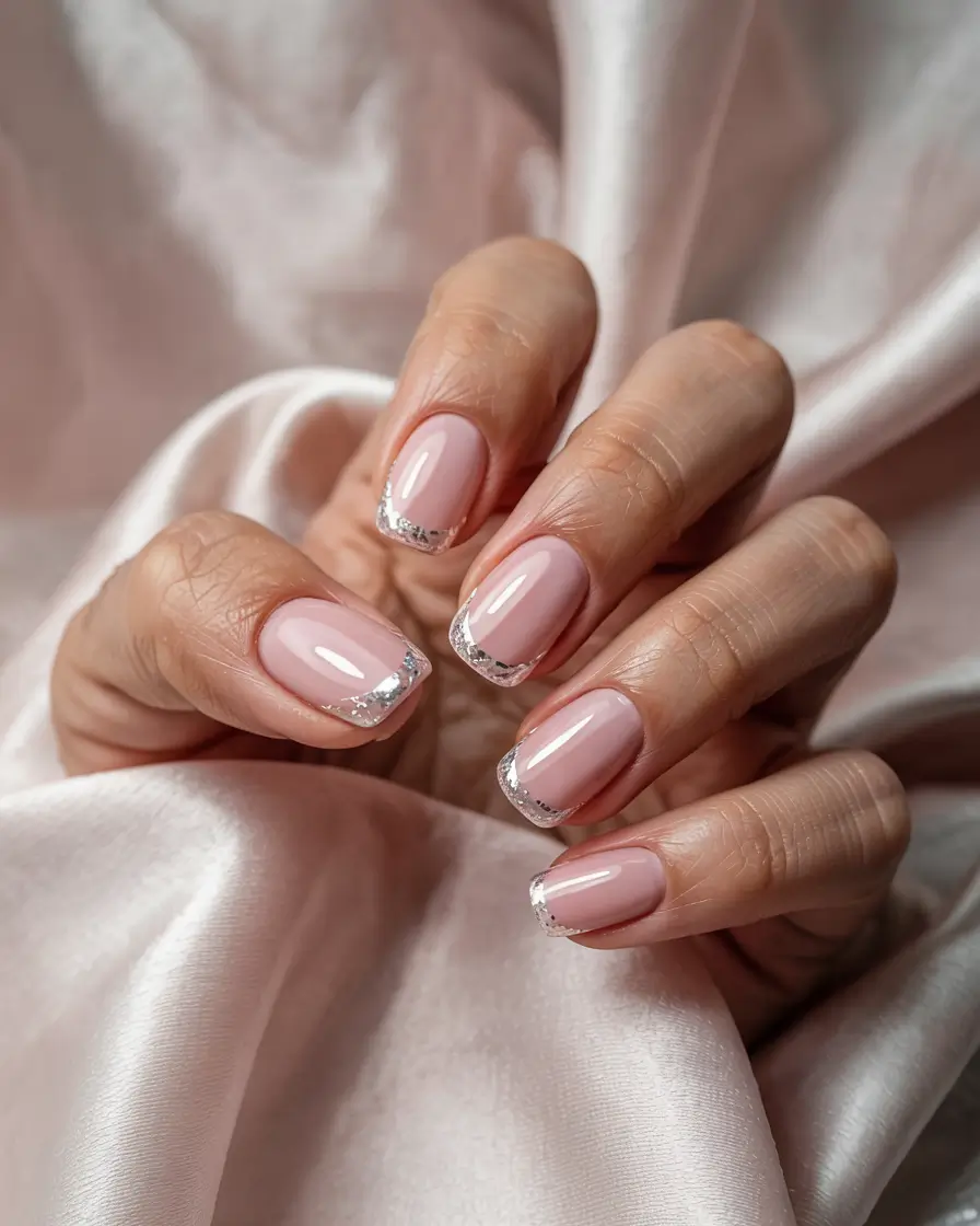 pink winter nails short square Minimalist Metallic French Tips