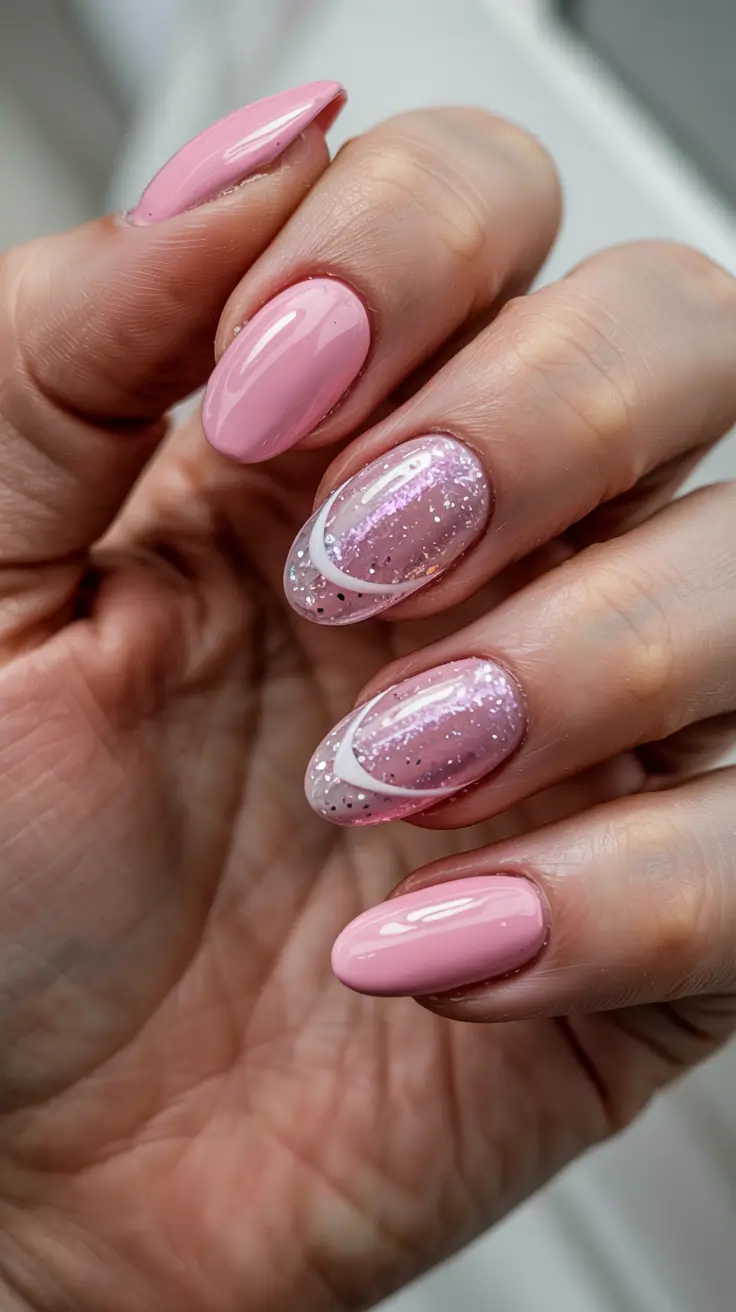 pink winter nails glitter Bubblegum Sparkle with Modern Swirls