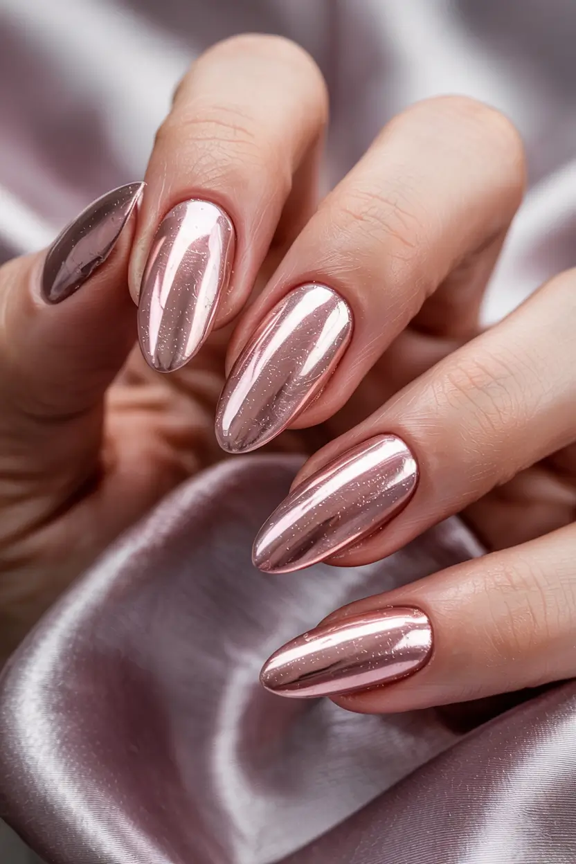 pink winter nails acrylic almond Rose Chrome Perfection