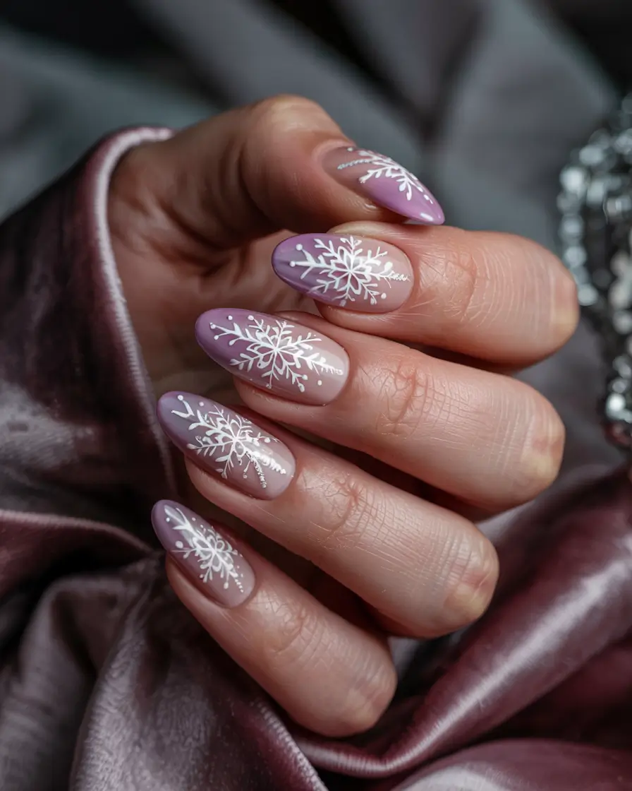 pink winter nails ideas Frosted Lilac with Snowflake Art