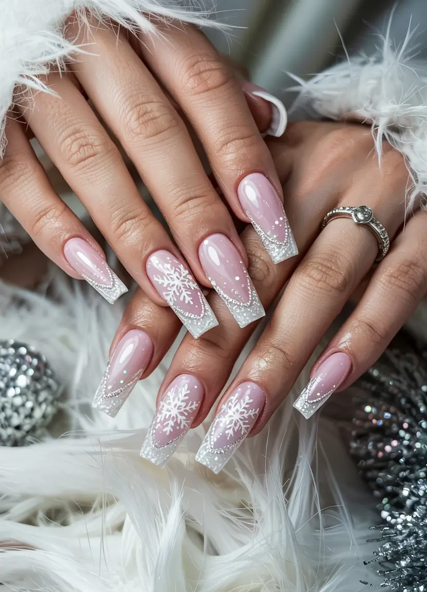 pink winter nails coffin Frosted French Snowflake Coffin Set