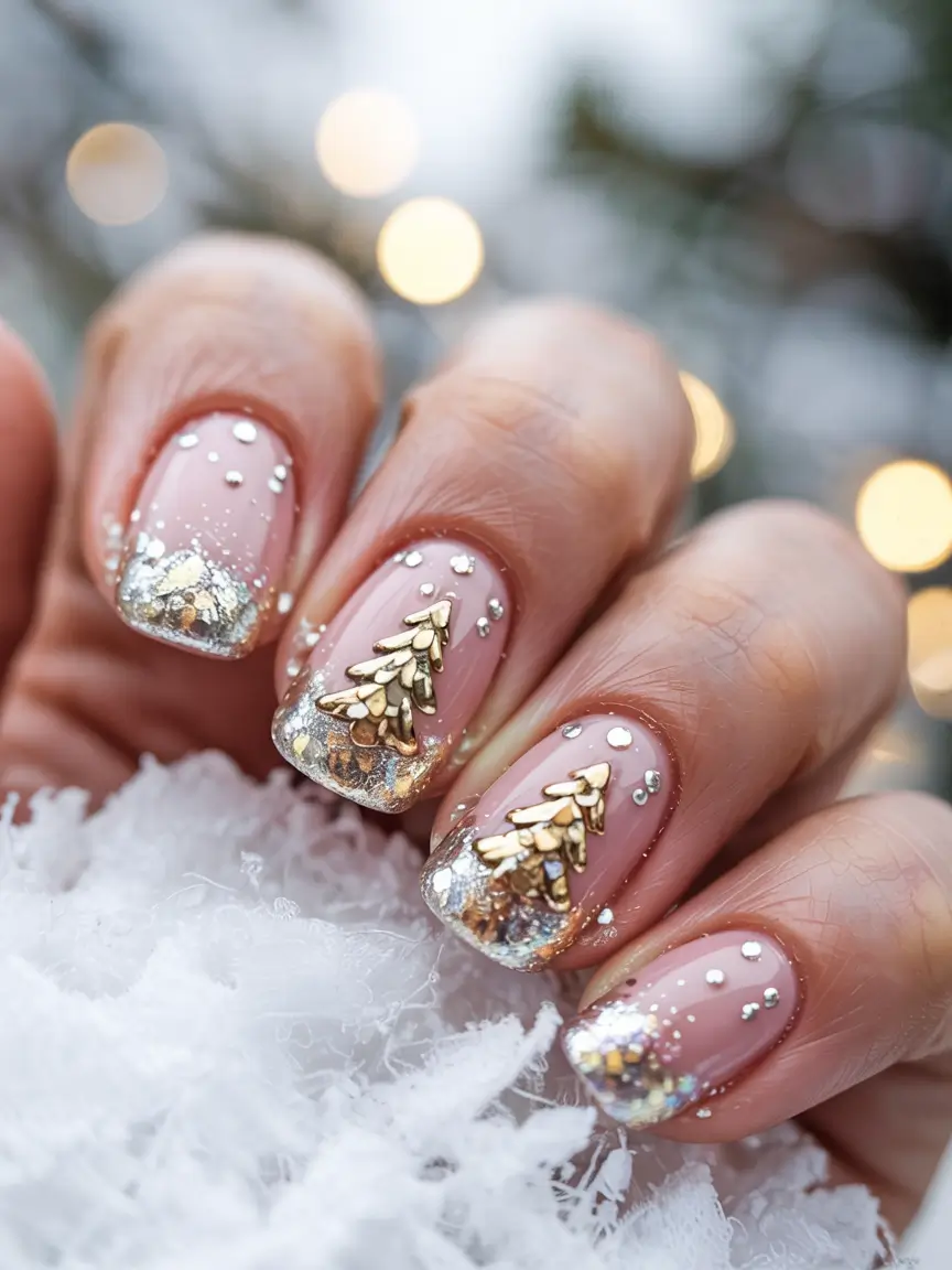pink winter nails short Golden Christmas Tree Accent Nails