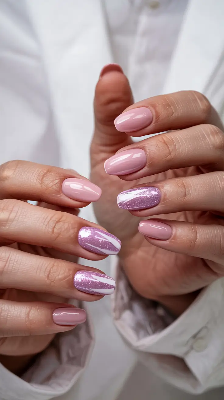 pink winter nails short almond Two-Tone Glitter Flow in Pink and White
