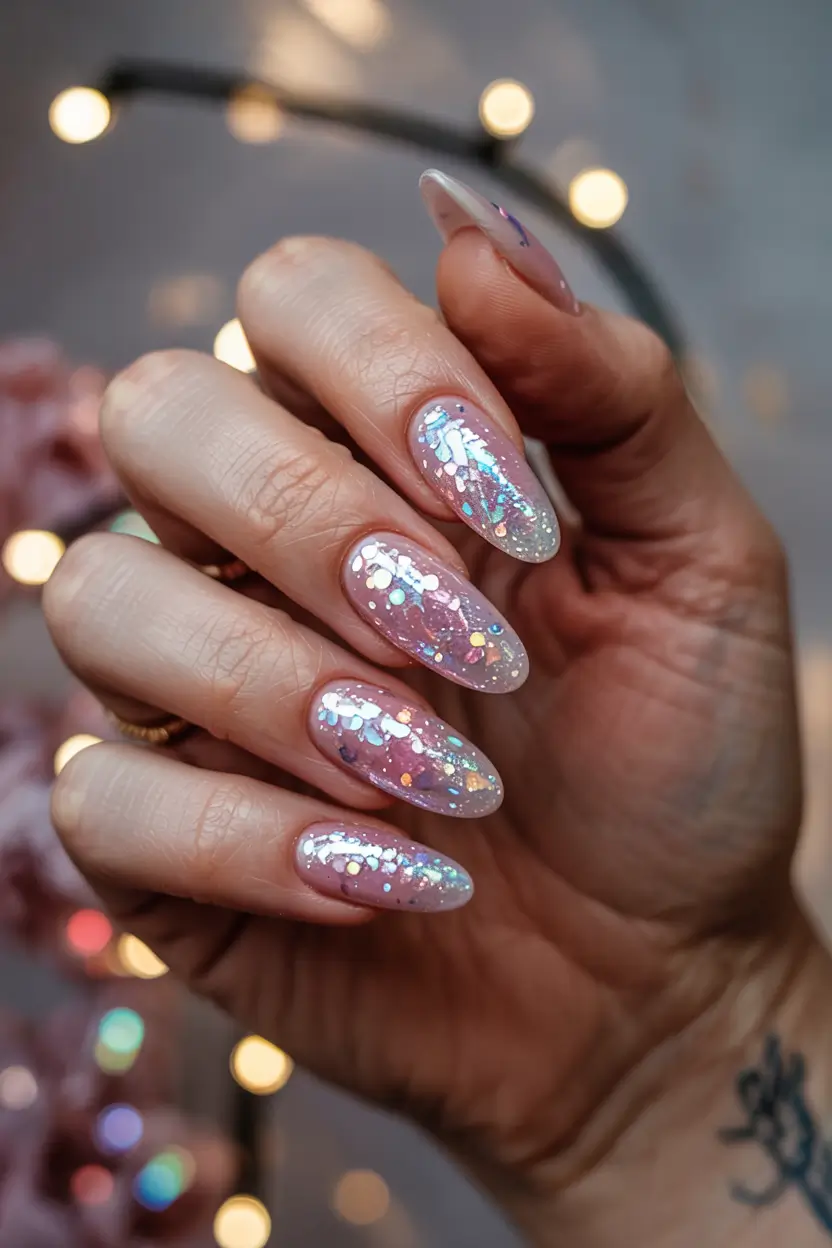 pink winter nails glitter almond shape Iridescent Ice Shard Almonds